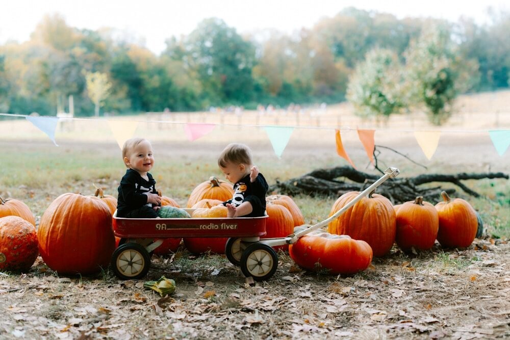 Two babies in a wagon surrounded by pumpkins