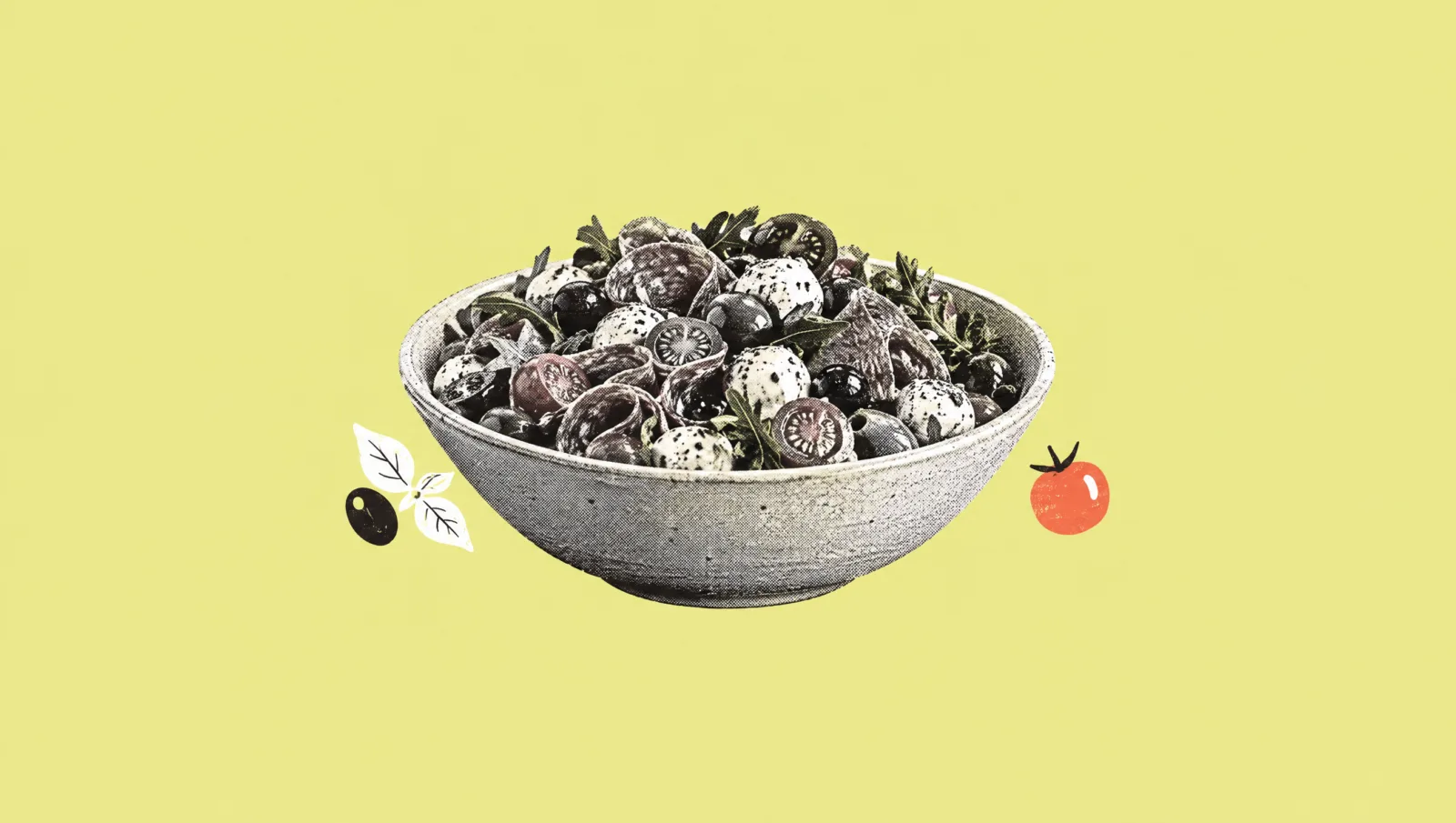 Illustration of an antipasto salad bowl with olive, basil and tomato doodles