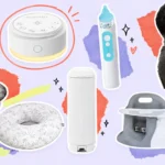 Scrapbook collage of useful baby gear: white noise machine, nose aspirator, nursing pillow, diaper pail, floor seat