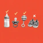 Illustration of a baby bottle, pacifier and rattle with checkmarks and baby shoes with an X