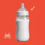 Illustration of a baby bottle with a checkmark and crossed-out baby shoes