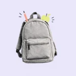 Illustration of a kid's backpack with a coral pencil and lime yellow apple