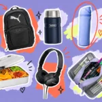 Scrapbook collage of back-to-school essentials: backpack, Thermos, bento box, headphones, water bottle, pencil case