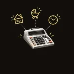 Illustration of a vintage calculator with house, stroller and clock doodles above it