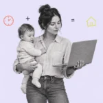 Illustration of a mother holding her baby and a laptop beside clock and house doodles