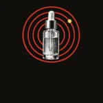 Skincare dropper bottle surrounded by coral radar rings on a black background
