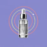 Illustration of a skincare dropper bottle inside coral and lime radar rings