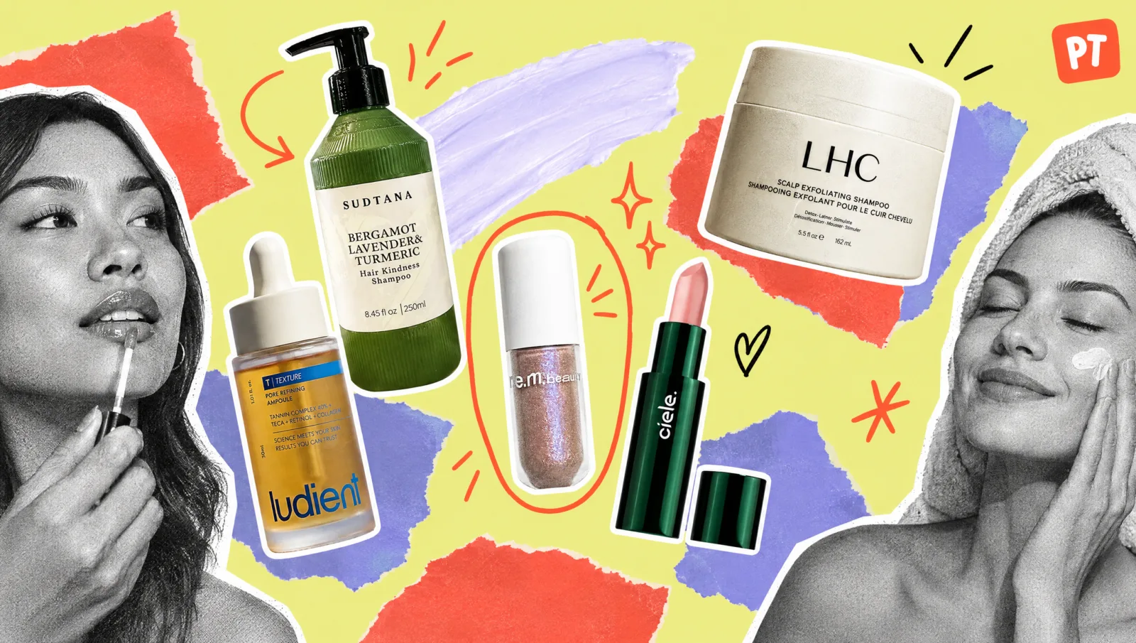 Scrapbook collage of Sudtana shampoo, Ludient ampoule, r.e.m. beauty eyeshadow, Ciele lip SPF, and Laced shampoo