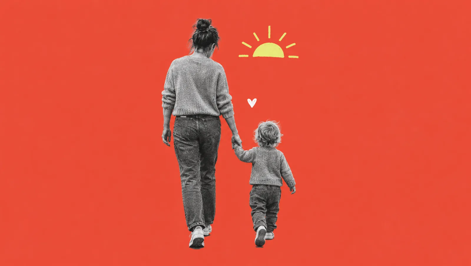 Illustration of a parent and toddler walking hand in hand toward a rising sun