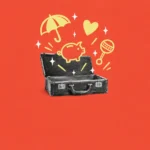 Illustration of an open briefcase with an umbrella, heart, piggy bank and rattle floating out