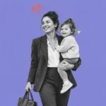 Illustration of a smiling working mom with a work bag carrying her toddler