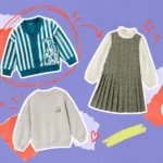 Scrapbook collage of KKidz Korean kids' clothing: dalmatian cardigan, plaid dress, and monogram sweatshirt