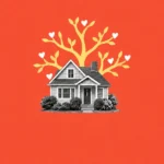 Illustration of a small house with a yellow family tree with hearts growing behind it