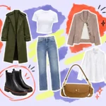 Scrapbook collage of a fall capsule wardrobe: trench coat, jeans, blazer, white shirt, crossbody bag and boots
