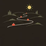 Line illustration of a winding country road with coral pumpkins along it under a yellow sun