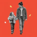 Illustration of a parent and child walking hand in hand, the child carrying a pumpkin