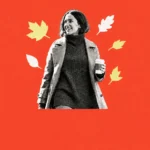 Black-and-white collage of a smiling woman in a trench coat with yellow autumn leaves on a coral background