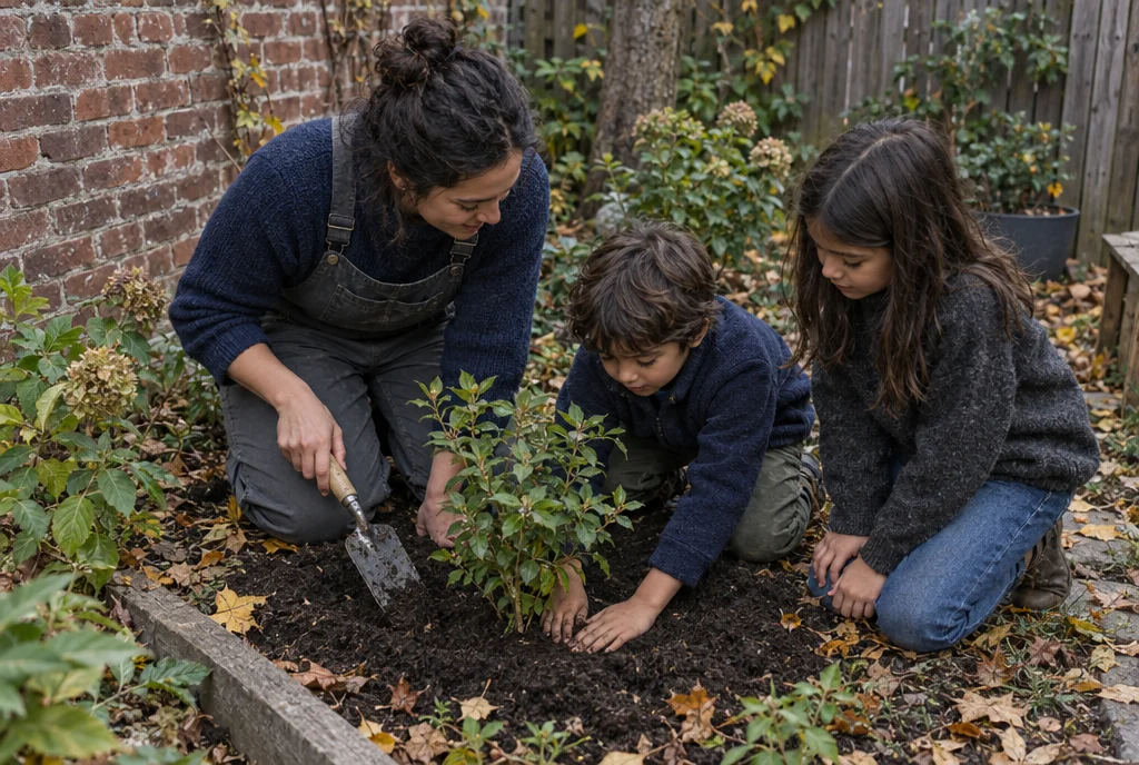 Parent and two children kneeling in a backyard garden bed, planting a young shrub together