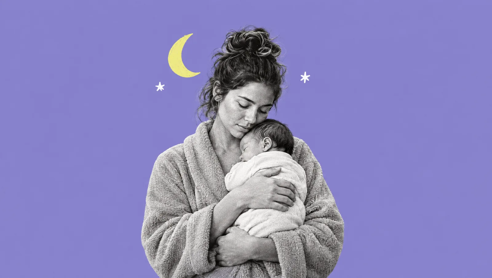 Illustration of a new mother in a robe cradling her sleeping newborn under a moon