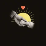 Illustration of an adult's hand holding a child's hand in front of a yellow rising sun