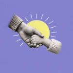 Illustration of an adult's hand holding a child's hand before a lime yellow sun