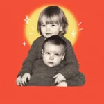 Black-and-white photo of an older sibling holding a baby, with a yellow glow and sparkles behind the older child, on a coral background
