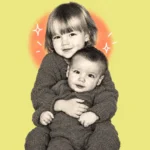 Illustration of an older sibling hugging a baby with a coral glow behind them