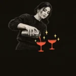 Black-and-white collage of a host pouring drinks into coral coupe glasses with yellow sparkles