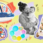 Scrapbook collage of a parent holding a baby among a play gym, rattle, stacking cups, and push walker