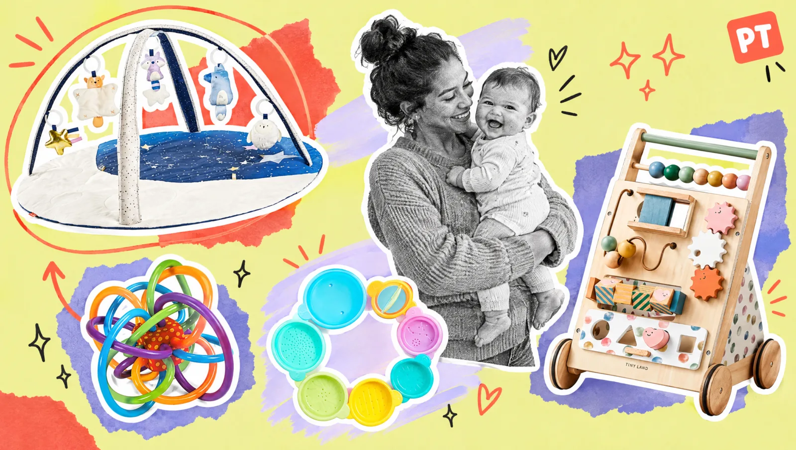 Scrapbook collage of a parent holding a baby among a play gym, rattle, stacking cups, and push walker