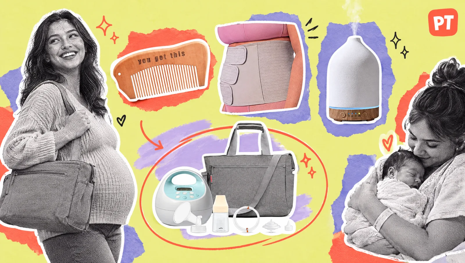 Scrapbook collage of hospital bag essentials: birthing comb, belly binder, diffuser and breast pump kit