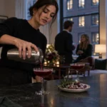Host in a black sweater pouring a deep red cocktail from a shaker into a coupe glass at a stone kitchen island during a holiday party