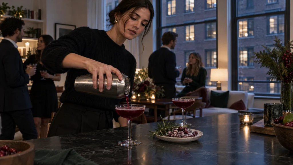 Host in a black sweater pouring a deep red cocktail from a shaker into a coupe glass at a stone kitchen island during a holiday party