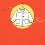 Illustration of a child's jacket on a hanger in front of a yellow sun, with a yellow thread stitching its seam, on a coral background