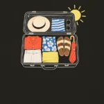 Line illustration of an open suitcase packed with summer clothes and a coral umbrella