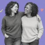 Illustration of two laughing friends arm in arm with a lime checkmark and coral heart