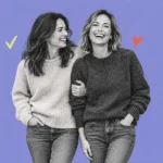 Illustration of two laughing women friends walking arm in arm