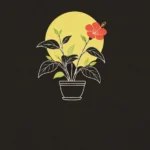 Line illustration of a houseplant growing new leaves and a coral blossom in front of a yellow sun