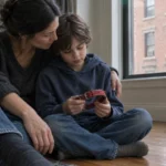 Parent sitting on the floor with an arm around a child who holds a red dog collar, an empty dog bed nearby
