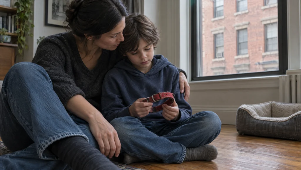 Parent sitting on the floor with an arm around a child who holds a red dog collar, an empty dog bed nearby