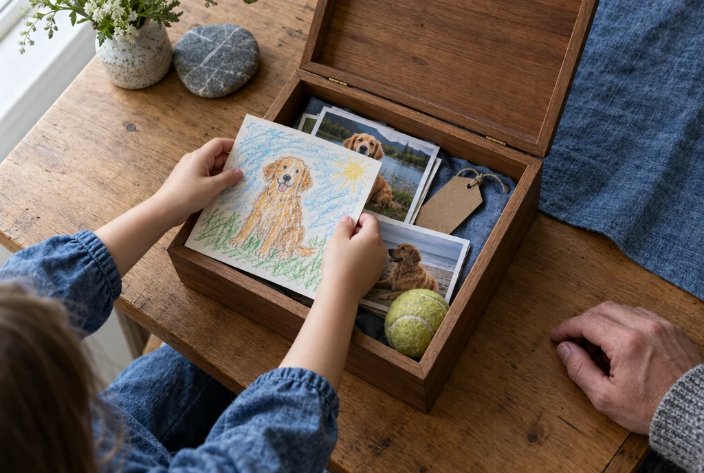 Child placing a crayon drawing of a dog into a wooden memory box with photos, a tag, and a tennis ball