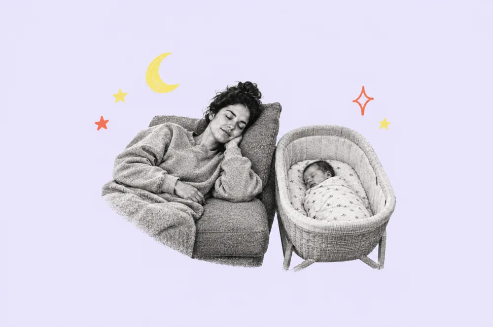 Illustration of a parent napping in a chair beside a sleeping newborn's bassinet