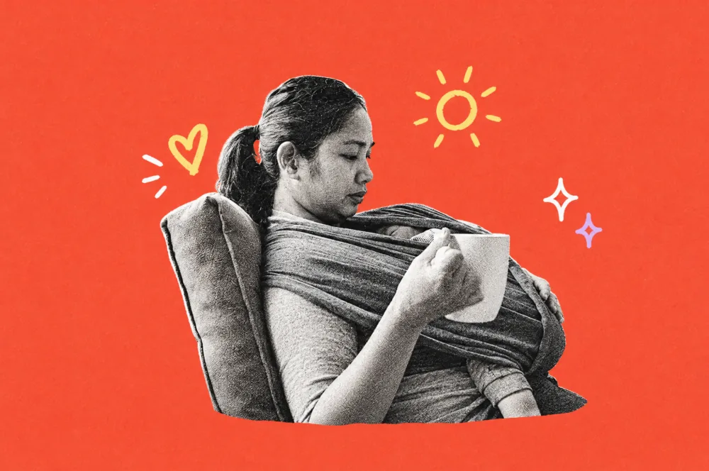 Illustration of a mom resting in a chair with her baby in a wrap and a mug