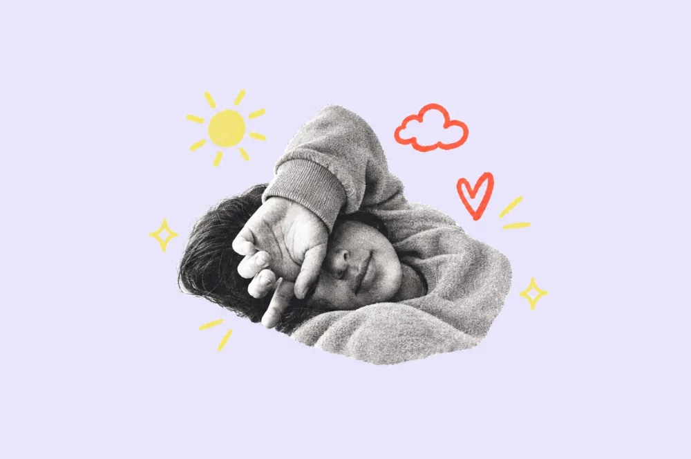 Illustration of a resting new parent with sun, cloud, and heart doodles