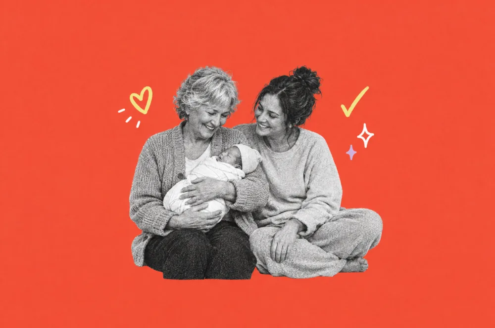 Illustration of a grandmother holding a newborn beside the smiling new mom