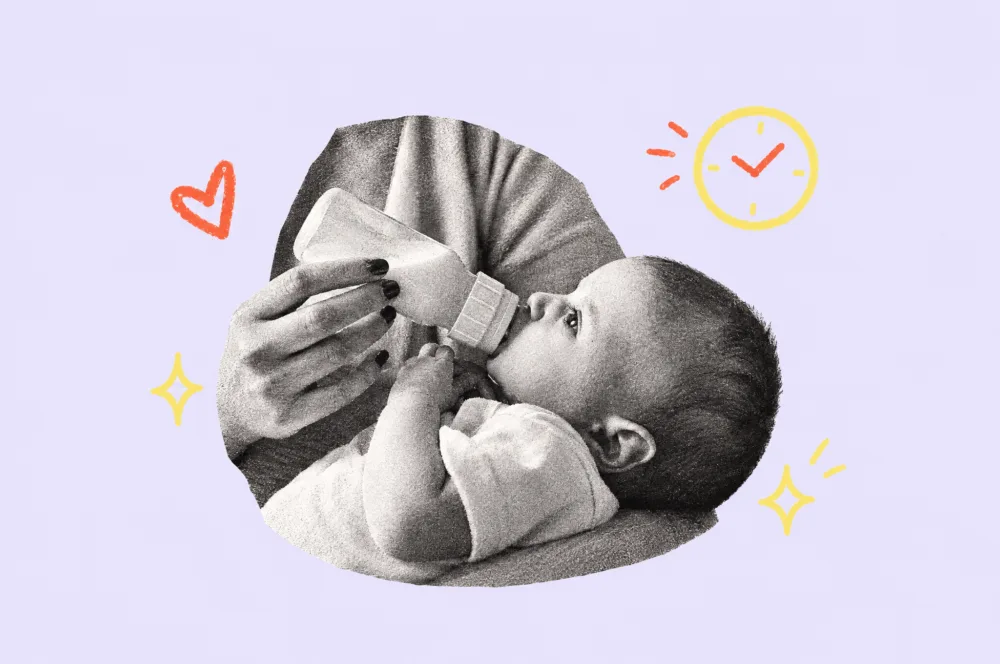 Illustration of a baby drinking from a bottle held by a parent