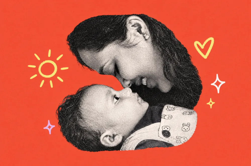 Illustration of a mom touching noses with her smiling baby