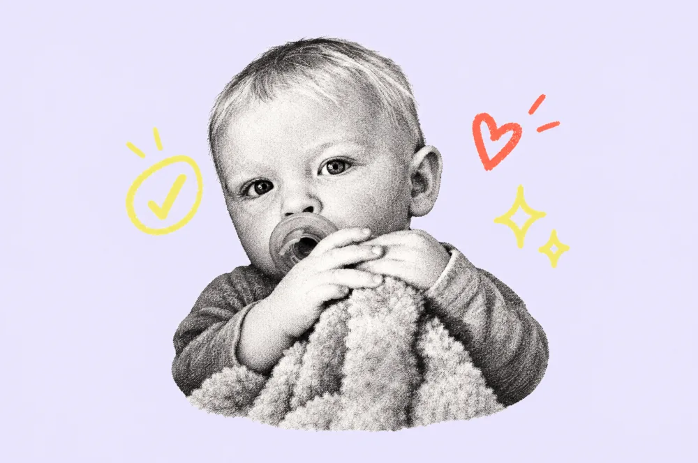 Illustration of a baby with a pacifier hugging a fuzzy blanket