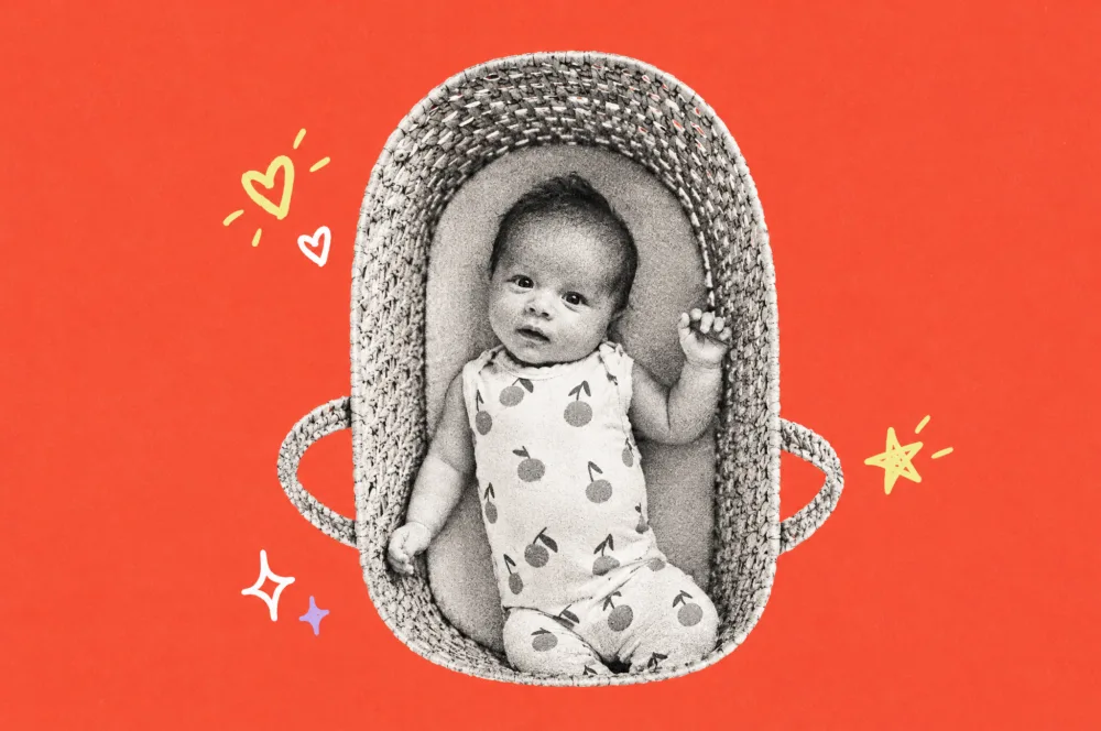 Illustration of a newborn in a patterned romper lying in a woven basket