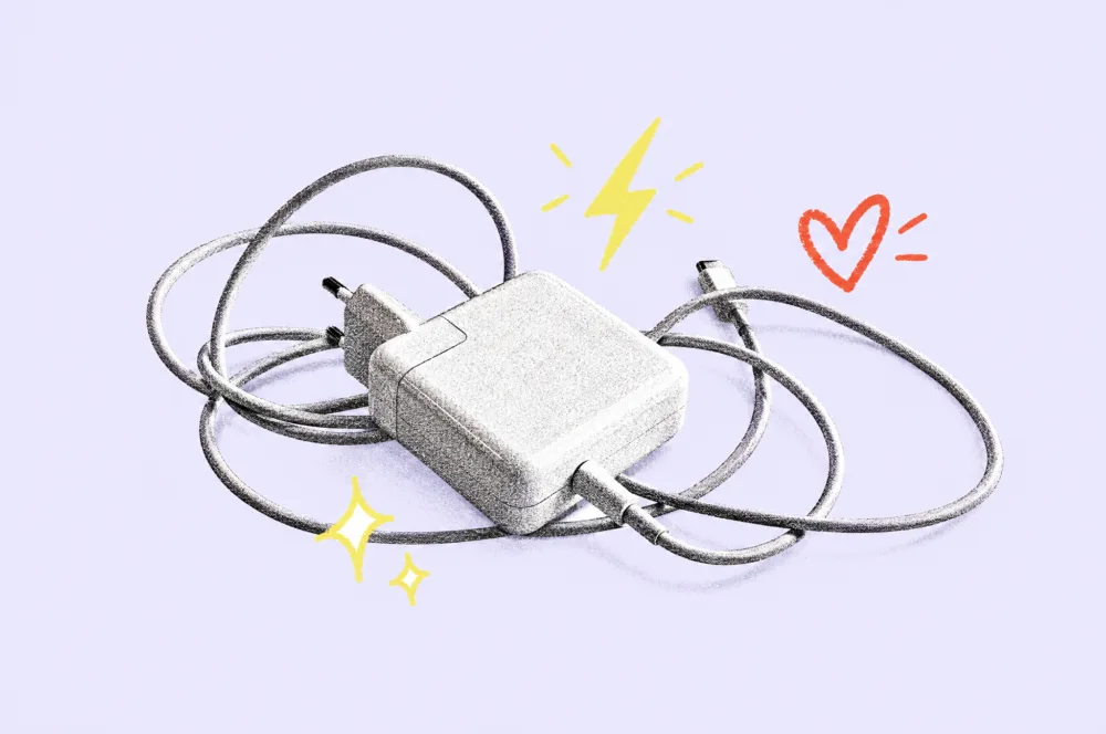 Illustration of a phone charging adapter with a long looping cable